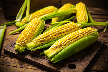 Fresh corn on wooden table.