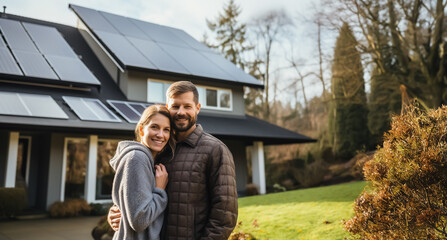 Man and woman standing in front of house with solar roof or photovoltaic system - topic green electricity and energy transition - 660988902