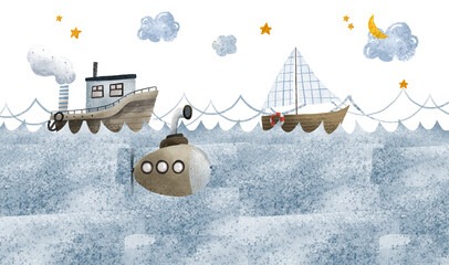 Ships, maritime transport, boats and submarine. Seascape with waves, deep water, sky with clouds, stars, moon. Children's landscape for walls, design, print, textiles. Oceania. Isolated illustration - obrazy, fototapety, plakaty