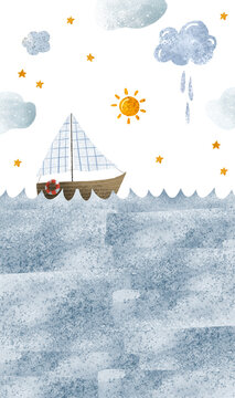 Vertical illustration with cute wooden yacht, river travel. Rest. Seascape with waves, sky with clouds, stars and sun. Children's landscape. Oceania. Isolated illustration
