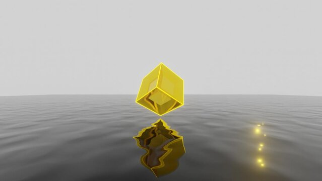 Yellow cube with neon glowing edges floating on a dark water surface. Abstract 3d animation with simple geometric shape