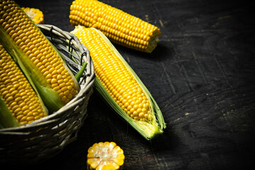 Fresh corn in basket.