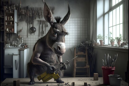 An anthropomorphic donkey using a hammer and nails elegant kitchen background ultra photoreal photographic concept art cinematic lighting cinematic composition rule of thirds cinematic lighting 