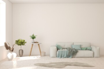 White scandinavian interior design with sofa. 3D illustration