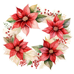 Watercolor wreath of red poinsettia and Christmas star flowers on festive frame on white background