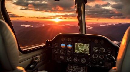 A breathtaking sunset scene captured from the cockpit of a private aircraft as it soars over the majestic Blue Ridge Mountains. The sky is adorned with wispy clouds, creating a captivating sky