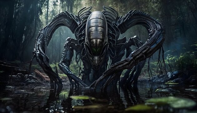Full body Alien Xenomorph monsters the Beast nasties Linguafoeda acheronsis Internecivus raptus in middle of swamp 