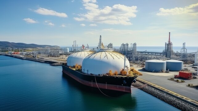 An expansive aerial view captured by a drone, offering an ultra-wide panoramic photograph with ample room for additional content. The image portrays an LNG (Liquified Natural Gas)