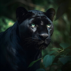 Black panther portrait with green eyes in the forest. Wildlife scene.