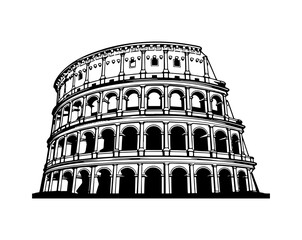 Drawing sketch illustration of the Colosseum, the ancient Roman arena, the most symbolic landmark of Rome, Italy.
