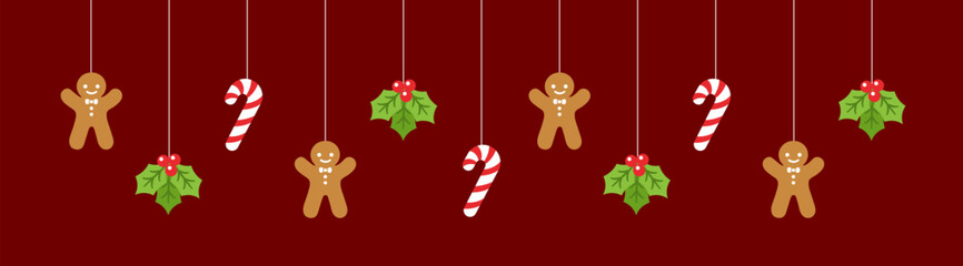 Merry Christmas Border Banner, Hanging Gingerbread Cookies and Mistletoe Garland. Winter Holiday Season Header Decoration. Festive Ornaments Web Template. Vector illustration.