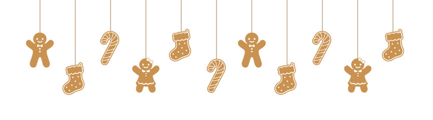 Merry Christmas Border Banner, Hanging Gingerbread Cookies Garland. Winter Holiday Season Header Decoration. Biscuits in Festive Shapes for web banner template. Vector illustration.