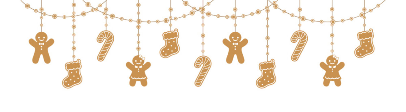 Merry Christmas Border Banner, Hanging Gingerbread Cookies Garland. Winter Holiday Season Header Decoration. Biscuits in Festive Shapes for web banner template. Vector illustration.