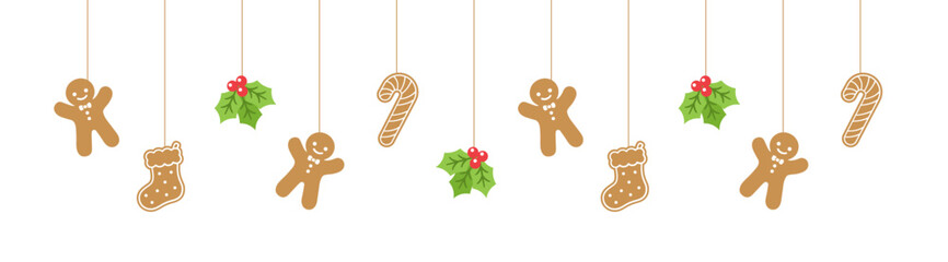 Merry Christmas Border Banner, Hanging Gingerbread Cookies and Mistletoe Garland. Winter Holiday Season Header Decoration. Biscuits in Festive Shapes Template. Vector illustration.