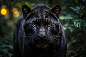Naklejka na ściany i meble The dazzling elegance of a black panther in the darkness of the forest
