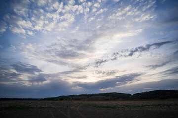 Rural landscape. Beautiful evening sky.