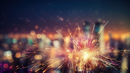 Glittering burning sparkler with multicolor defocused night city background, bokeh lights.