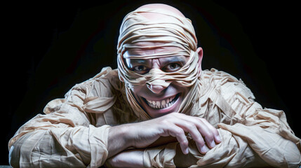 Engaging adult male in humorous mummy Halloween costume with shaved head and one eye showing.