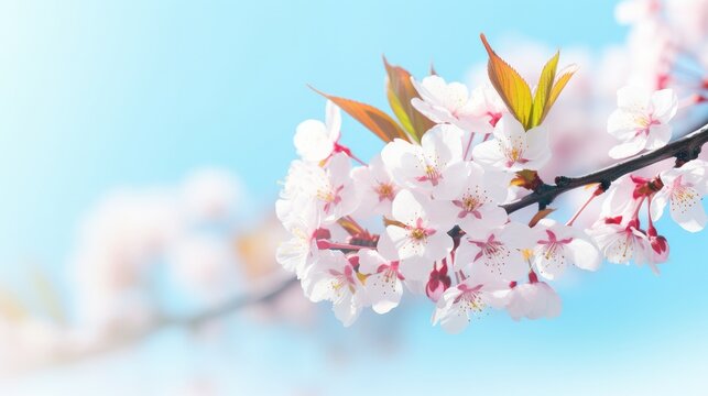 Close-up of cherry tree branches in full bloom, featuring soft focus against a gentle, light blue sky bathed in sunlight, and providing ample space for additional content. This captivating image