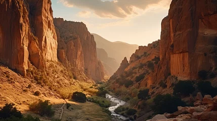 Foto op Canvas A summer vista of a breathtaking canyon, displaying a spectrum of colors as the sun sets over the rugged landscape. Natural beauty unfolds within the canyon © Chingiz