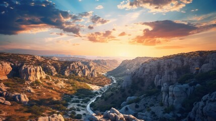 A summer vista of a breathtaking canyon, displaying a spectrum of colors as the sun sets over the rugged landscape. Natural beauty unfolds within the canyon