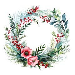 Festive watercolor wreath frame border of poinsettia winter berry and evergreen leaves on white background