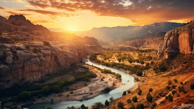 A summer vista of a breathtaking canyon, displaying a spectrum of colors as the sun sets over the rugged landscape. Natural beauty unfolds within the canyon