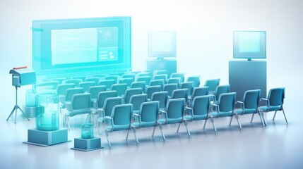 Photo of a conference room with blue chairs and a projector screen