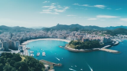 Fototapeta na wymiar Aerial view of Donostia, a coastal city in the Basque Country, bathed in sunlight, with high-rise residential buildings overlooking the beautiful blue waters of the Bay of Biscay