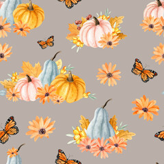 Watercolor autumn seamless pattern with handdrawn orange flowers, fall leaves, pumpkins, butterflies for autumn decoration