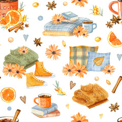 Watercolor autumn cozy seamless pattern for decor. Cup of tea, pillows and warm plaid, hot drink and autumn leaves, candles and pumpkins. Hello fall vibe for stickers or postcards