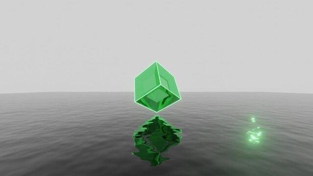 Green cube with neon glowing edges floating on a dark water surface. Abstract 3d animation with simple geometric shape