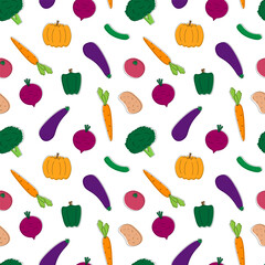 Autumn vegetables seamless pattern on white background. Vector flat cartoon illustration. Diet and healthy food.