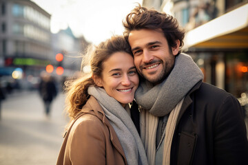 Fototapeta premium Photography generative AI concept of handsome man and charming girl in love walking together on an evening date