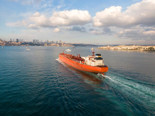 Aerial view of freight ship with cargo containers.