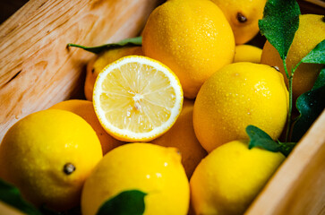 Fresh lemons. On wooden table.