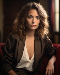 Fototapeta premium Portrait of brunette woman with soft lighting, AI-generative