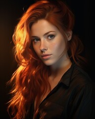 Fototapeta premium Portrait of redheaded woman with soft lighting, AI-generative