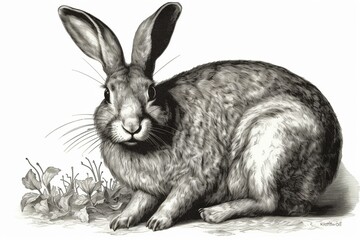 An old-fashioned drawing of a rabbit with long ears and paws. Generative AI