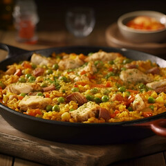 Paella with chicken- rice and vegetables in a frying pan.