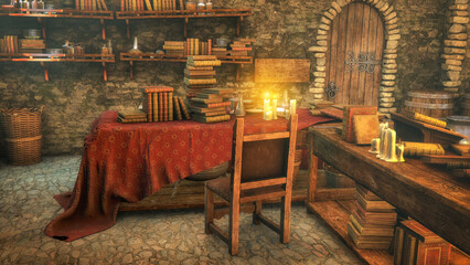 A medieval room full of antique books, 3D illustration