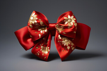 Luxurious red bow with golden floral patterns on minimal dark background. Winter holidays concept