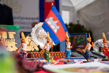 Cambodian local souvenir products and Cambodian flag.