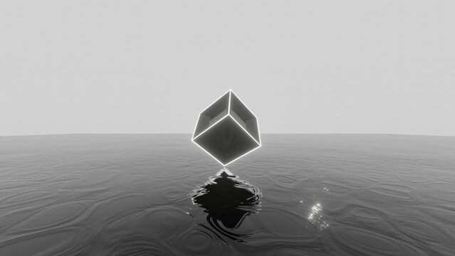 3D cube with neon glowing edges and mirror faces floating on a dark water surface. Abstract 3d animation with simple geometric shape