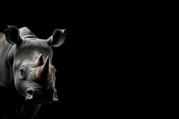Obraz premium Front view of Rhinoceros on black background. Wild animals banner with copy space