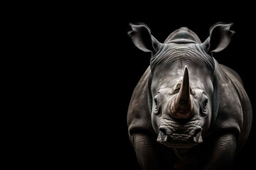 Front view of Rhinoceros on black background. Wild animals banner with copy space