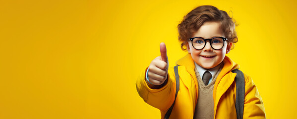 Adorable primary school boy, little nerd with glassess. Education, back to school and learning concept with copy space.