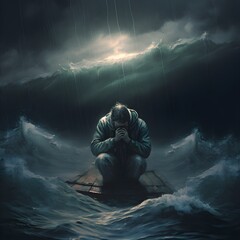 A man praying a crying on a raft in the ocean Stormy weather at night  - obrazy, fototapety, plakaty