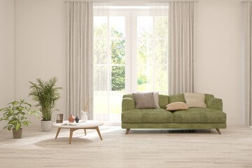 Bright interior design with modern furniture and summer landscape in window. 3D illustration