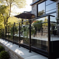 Fototapeta premium Metal railings and glass wall in modern city. 
